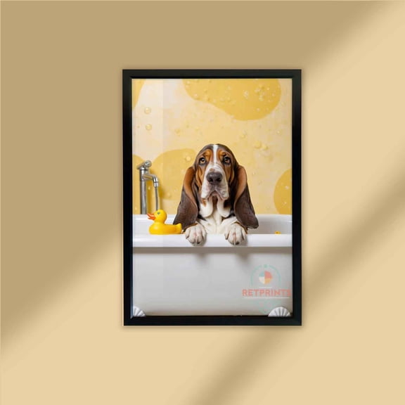 Basset Hound Bathroom Art Wall Dog In Bathtub Pet With Rubber Duck Dog Lover Animal Wall Art Poster , Poster Print Only