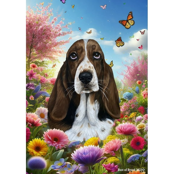 Basset Hound - Best of Breed Spring Butterfly Outdoor House Flag 28" x 40" Mailbox Flag