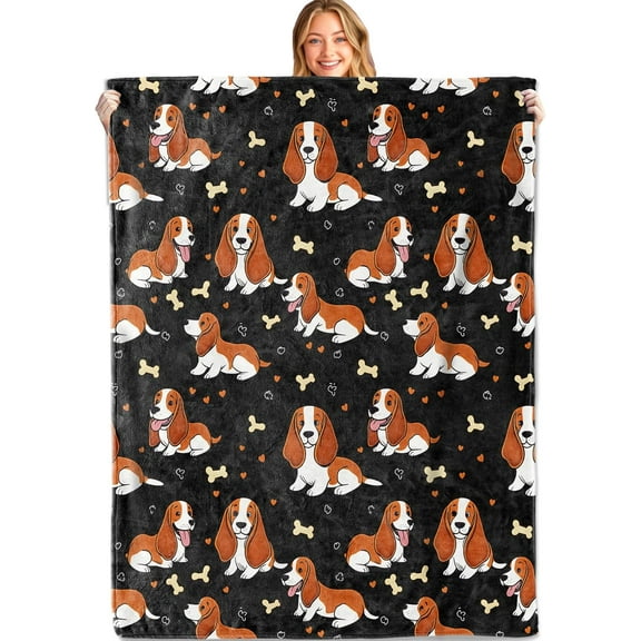 Basset Hound and Bones Throw Blanket,50x60in,Soft,Lightweight Flannel,Cute Cartoon Dark Blankets Gifts for Kids Women,Dog Lovers,for Couch Office Travel,Home Living Room Artistic Decor
