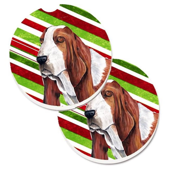 Basset Hound Candy Cane Holiday Christmas Set of 2 Cup Holder Car Coaster