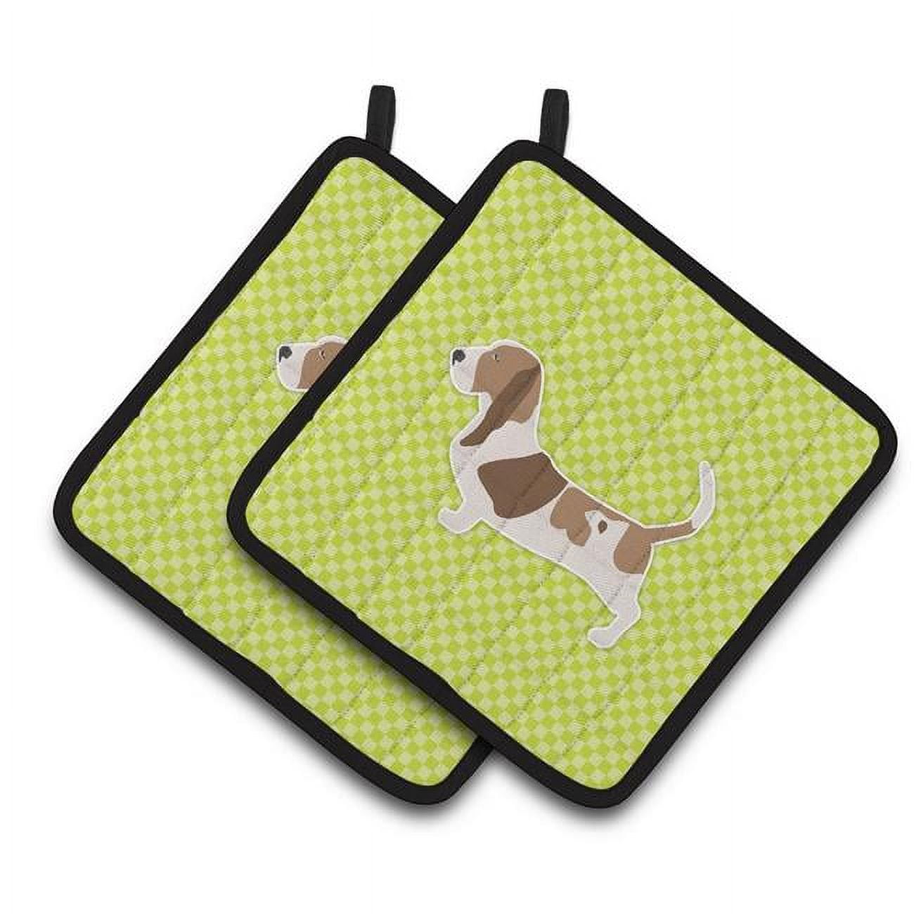 Basset Hound Checkerboard Green Pair of Pot Holders