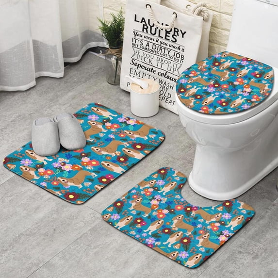 Basset Hound Dog and Flower-1 Bathroom Rugs Sets 3 Piece,Toilet Cover Set,Absorbent Non Slip Bathroom Mats Sets with U-Shaped Contour Rug Toilet Rug Set