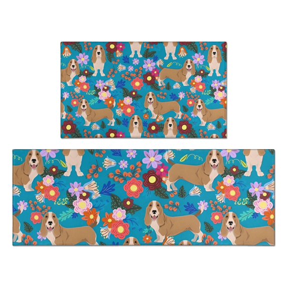 Basset Hound Dog and Flower-1 Kitchen Rugs Sets Of 2,Anti Fatigue Kitchen Mat Rugs Non Slip Washable,Decorative Kitchen Floor Mats for Kitchen,Sink,Laundry,17"x30"+17"x47"