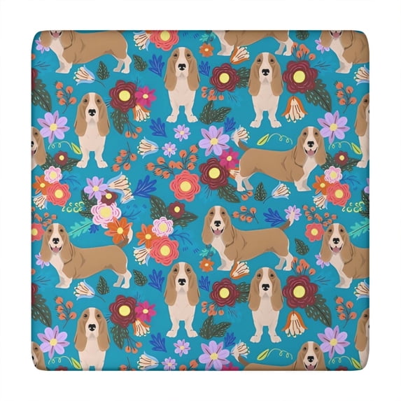 Basset Hound Dog and Flower-1 Square Fitted Tablecloth with Elastic Edge,Square Table Cover,Washable Elastic Table Cover for Home Kitchen Party Decor 34"x34"
