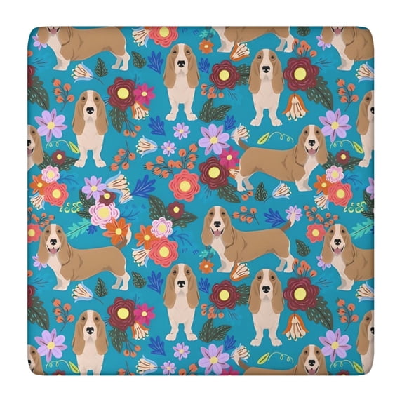 Basset Hound Dog and Flower-1 Square Fitted Tablecloth with Elastic Edge,Square Table Cover,Washable Elastic Table Cover for Home Kitchen Party Decor 36"x36"