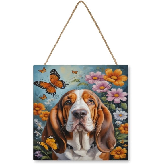 Basset Hound Dog with Flower Hanging Wood Sign Home Decorative, Pet Door Sign Plaque, Dog Wall Sign, Wood Board with Hanging String for Home Decor, Store, Farm Christmas Decor 12x12 inches