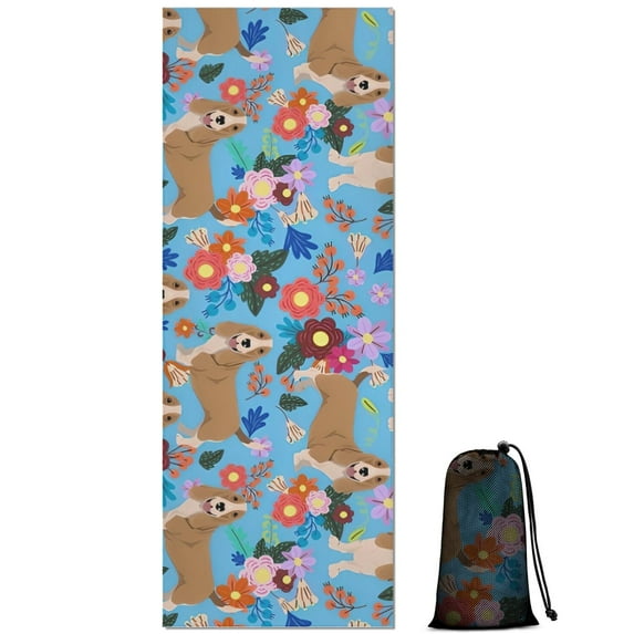 Basset Hound Dog and Flower Hot Yoga Mat Towel Non Slip for Hot Yoga - Quick-Drying Yoga Mat Cover with 4 Corner Pockets with Travel Bag - Hot Yoga Towel Non Slip 74"x26"