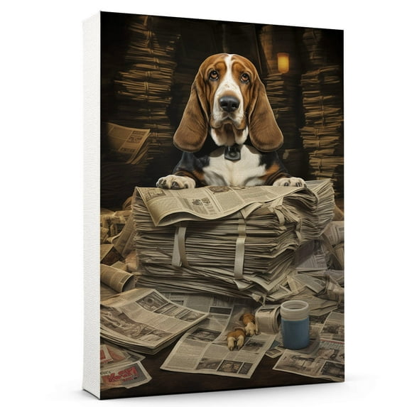 Basset Hound Dog Read Newspapers Sitting Poster Prints on Canvas - Wall Decor Hanging Wall Art Personalized Dog Poster Retro Home House Decorations Living Room