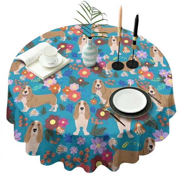 Basset Hound Dog and Flower-1 Round Tablecloth 60"x60",Wrinkle Wipeable Table Cloth for Kitchen Dining Room Picnic Patio Party