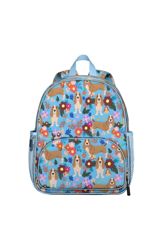 Basset Hound Dog and Flower Backpack Backpack for School,Cute School Bag,Schoolbag with Adjustable Shoulder Straps & Padded Back,13.8"x11.4"x6"