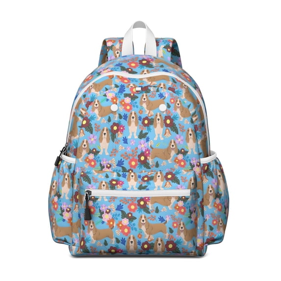 Basset Hound Dog and Flower Backpack for School,Cute School Bag,Schoolbag with Adjustable Shoulder Straps & Padded Back,13.4"x11"x4.7"