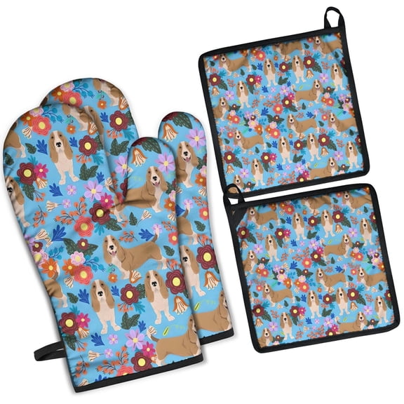 Basset Hound Dog and Flower Kitchen Oven Mitt and Pot Holder Sets 2 Pcs for Baking, Cooking and Grilling, Heat Resistant Up To 392 °F
