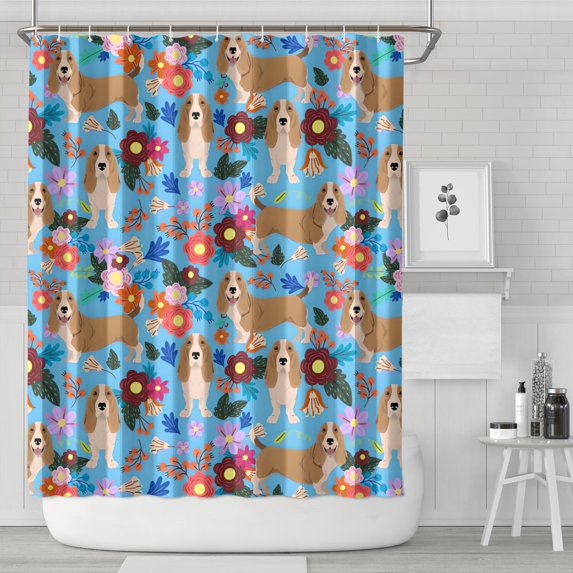 Basset Hound Dog and Flower Shower Curtain 72x84in ,Bathroom Decorative Shower Curtains Set with 12 Hooks,Modern Waterproof Washable Shower Curtain