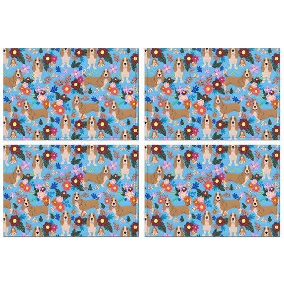 Basset Hound Dog and Flower Summer Placemats Table Placemats Set Of 4-Linen Kitchen Washable Placemats Table Mats 11.8"x17.7"Non-Slip Heat Resistant