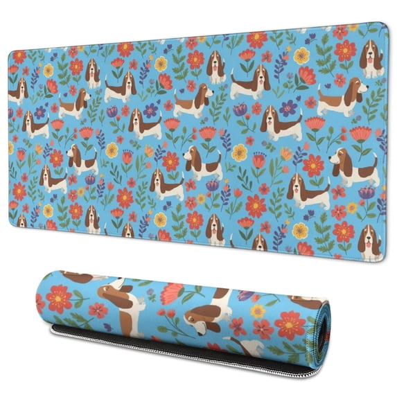 Basset Hound and Floral Blue Pattern Extended Large Mouse Pad, Gaming ...