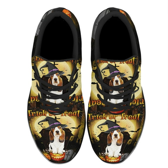 Basset Hound Halloween Trick Or Treat Shoes Women's Fashion Sneakers Tennis Running Shoes for Men Women Black Size 7.5