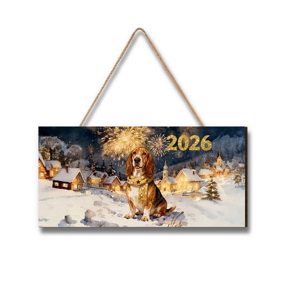 Basset Hound Happy New Year 2026 with Fireworks on New Year's Eve Landscape Wood Sign Bassets Dog Breed Lovers Gifts Idea Hanging Wall Home Decor - 12022