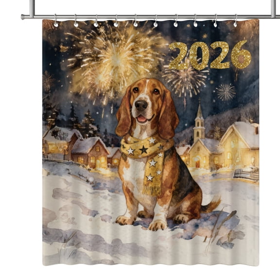 Basset Hound Happy New Year 2026 with Fireworks on New Year's Eve Shower Curtain Bassets Dog Breed Lovers Gifts Idea Waterproof Bathroom Bathtub Curtain - 12022