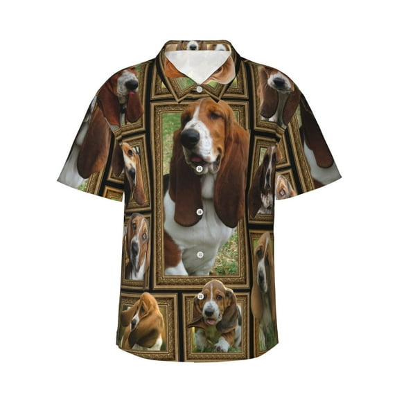 Basset Hound Hawaiian Shirts For Men, Summer Short-Sleeve Relaxed-Fit Button-Down Shirts Medium