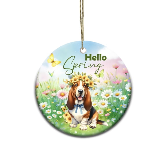 Basset Hound Hello Spring Time Flower Floral Nature Ceramic Round Ornament Bassets Dog Breed Lovers Gifts Idea Home Tree Decor - 02031