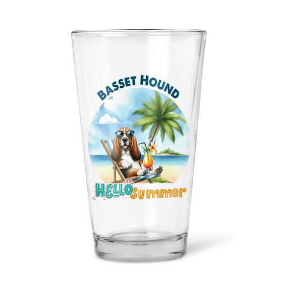 Basset Hound Hello Summer Beach Theme with Sunglasses and Tropical Cocktail 16oz Pint Beer Glass Mug Bassets Dog Breed Lovers Gifts Idea Beer Glasses Cup - 00009