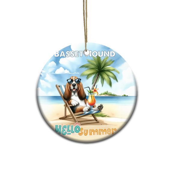 Basset Hound Hello Summer Beach Theme with Sunglasses and Tropical Cocktail Ceramic Round Ornament Bassets Dog Breed Lovers Gifts Idea Home Tree Decor - 00009