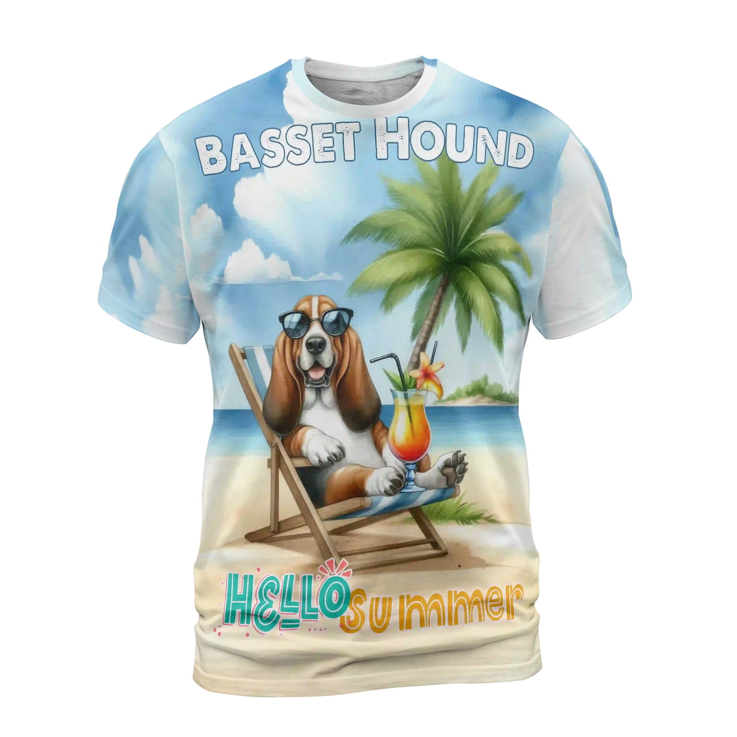 Basset Hound Hello Summer Beach Theme with Sunglasses and Tropical ...