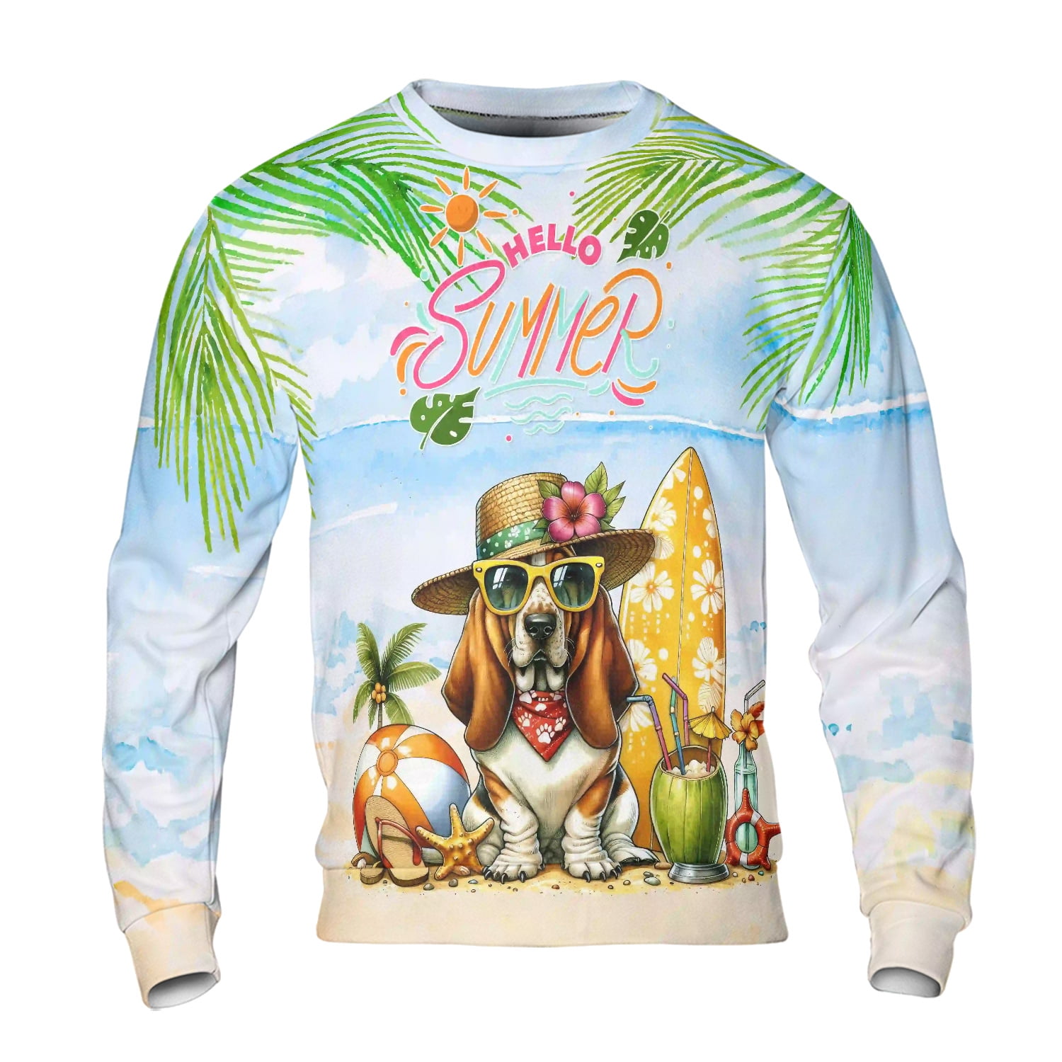 Basset Hound Hello Summer with Sunglasses and Surfboard Tropical Vibes ...