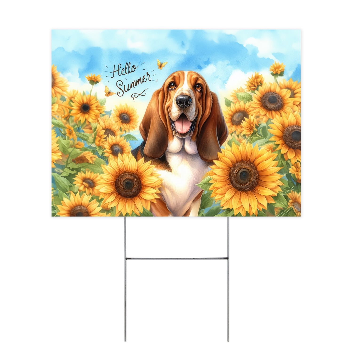 Basset Hound Hello Summer Sunshine Sunflowers Spring Retro Vintage Yard ...
