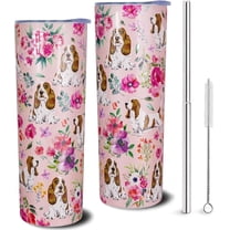 Basset Hound Insulated Tumbler - 20oz Travel Mug with 3D-Printed Dog Patterns & Vintage Florals - Perfect Gift for Dog Lovers