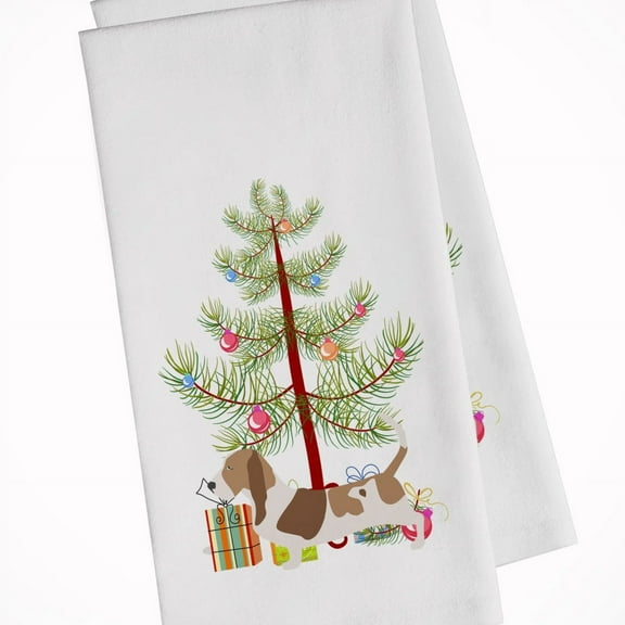 Basset Hound Merry Christmas Tree White Kitchen Towel Set of 2 Dish Towels