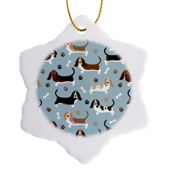 3drose, Basset Hound Paws and Bones Dog Pattern, 3 inch Snowflake Porcelain Ornament