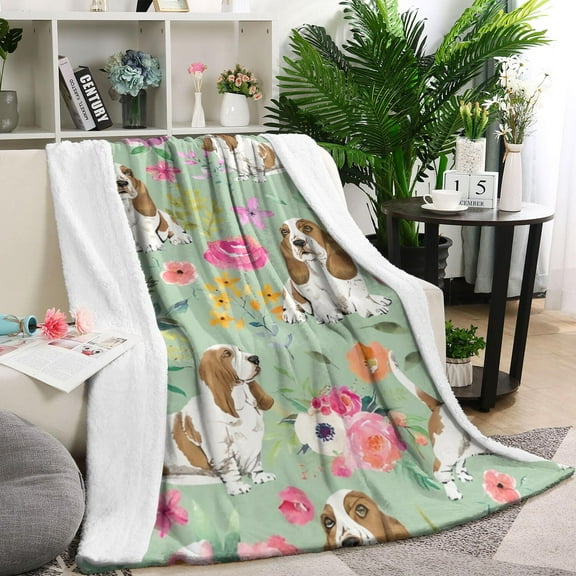 Basset Hound and Pioneer Flower Blanket,Comfortable Soft Lamb Wool Throw Blanket,All Season,Warm Lightweight Blankets for Sofa Bed Couch Living Room Chair,40"x50"
