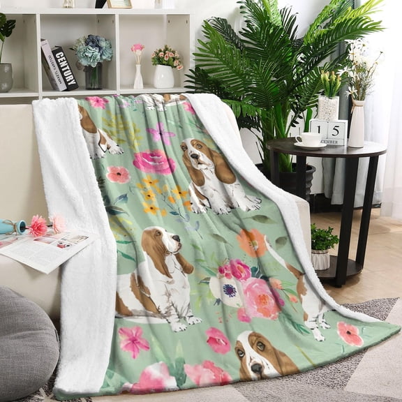 Basset Hound and Pioneer Flower Blanket,Comfortable Soft Lamb Wool Throw Blanket,All Season,Warm Lightweight Blankets for Sofa Bed Couch Living Room Chair,60"x80"
