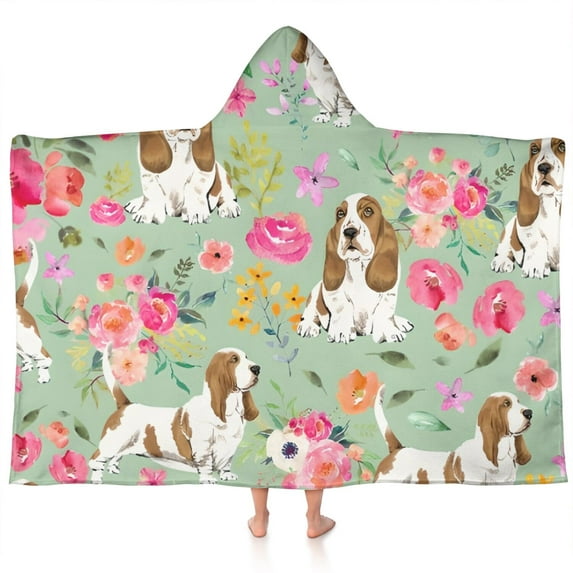 Basset Hound and Pioneer Flower Hooded Bath Towel,60"x35" for Ages 3 To 12 Kids, Quick Dry Lightweight Soft Microfiber Hood Beach Towel Cover Up for Kids