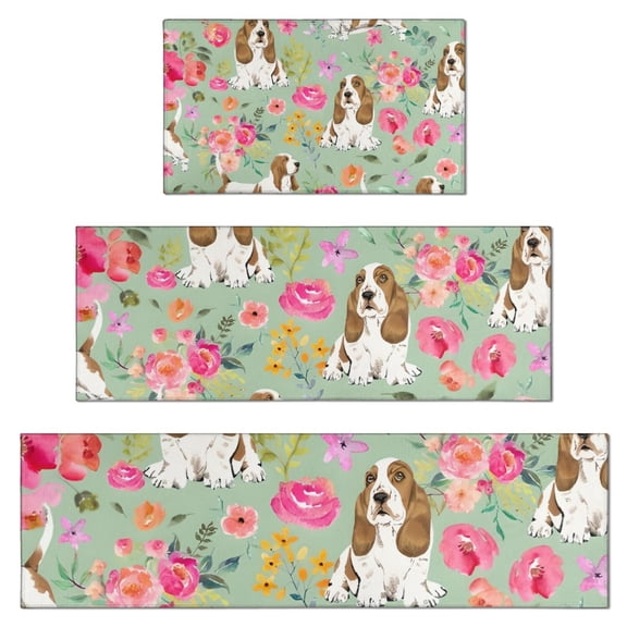 Basset Hound and Pioneer Flower Kitchen Rugs Sets Of 3,Kitchen Runner Rugs Non Skid Washable,Decorative Kitchen Floor Mats for Kitchen,Sink,Laundry,17"x30"+ 17"x47" + 17"x59"