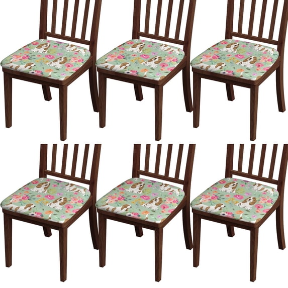 Basset Hound and Pioneer Flower Seat Covers for Dining Room Chairs Set Of 4,Stretch Printed Washable Chair Seat Cover with Elastic Ties and Button,Removable Waterproof Couch Cushion Covers