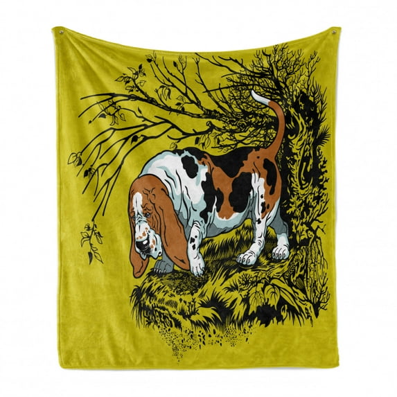 Basset Hound Soft Flannel Fleece Throw Blanket, Cartoonish Design Hunting Dog in Woodland, Cozy Plush for Indoor and Outdoor Use, 50" x 60", Yellow Green Grey, by Ambesonne