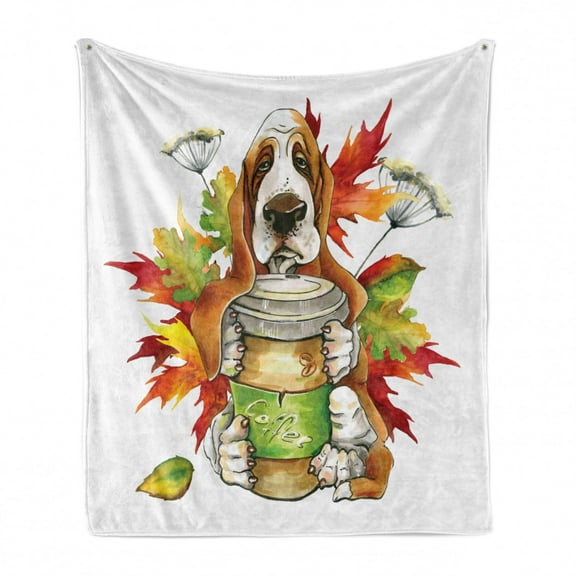 Basset Hound Soft Flannel Fleece Throw Blanket, Design Long Eared Breed Dog Holding a Cup of Coffee and Autumn Leaves, Cozy Plush for Indoor and Outdoor Use, 50" x 60", Multicolor, by Ambesonne