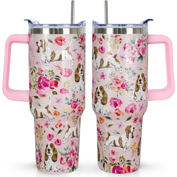 40oz Insulated Travel Tumbler with Basset Hound Dogs Patterns and Vintage Florals - 3D-Printed Dog Lover Gift Mug (Keeps Hot/Cold)