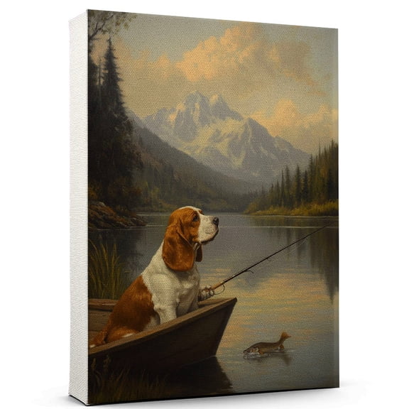 Basset Hound Vintage Dog Fishing Canvas Artistic Sports, Basset Hound Dog with Fishing Canvas Wall Print for Bedroom, Living Room, Office