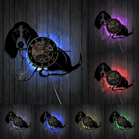 Basset Hound Wall Clock Dog Breed Pedigree Canine Animal Pet Puppy Vinyl Record Clock Decorative Vintage Clock Doggy Clock Gift With LED
