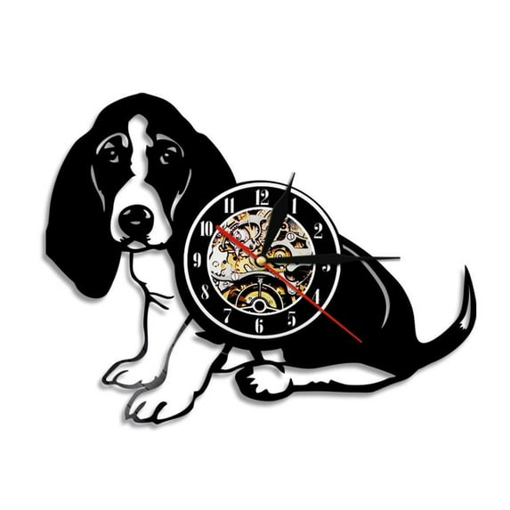 Basset Hound Wall Clock Dog Breed Pedigree Canine Animal Pet Puppy Vinyl Record Clock Decorative Vintage Clock Doggy Clock Gift Without LED