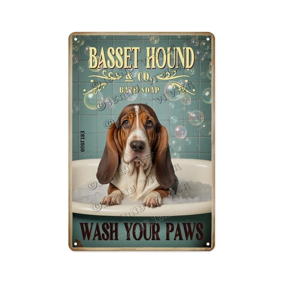 Basset Hound Wash Your Paws 12x16 Inch Rustic Tin Sign Adorable Dog Bathroom Metal Sign with Soulful Expression, Farmhouse Style for Pet Lovers