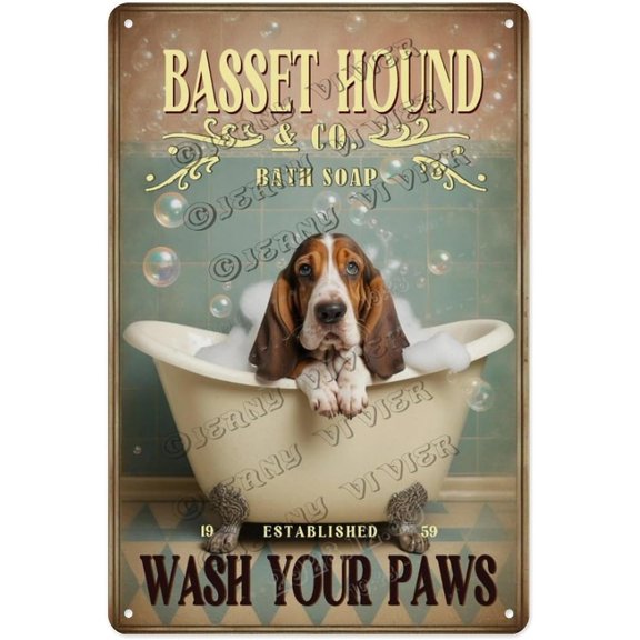 Basset Hound Wash Your Paws 12x16 Inch Vintage Metal Sign Droopy Dog Bathroom Tin Sign with Farmhouse Style, Perfect for Laundry Room or Powder Room Wall