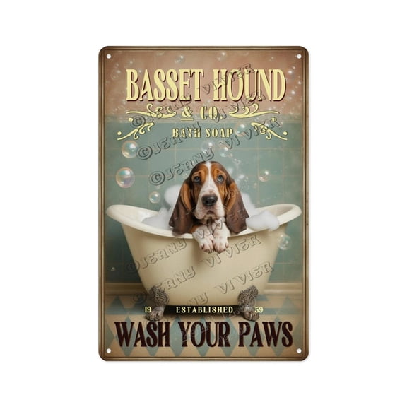 Basset Hound Wash Your Paws 8x12 Inch Vintage Metal Sign Droopy Dog Bathroom Tin Sign with Farmhouse Style, Perfect for Laundry Room or Powder Room Wall