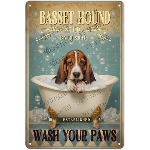 Basset Hound Wash Your Paws 8x12 Inch Vintage Tin Sign Fun Dog-Themed Aluminum Sign for Bathroom, Rustic Farmhouse Style for Powder Room, Gift for Droopy Dog Fans