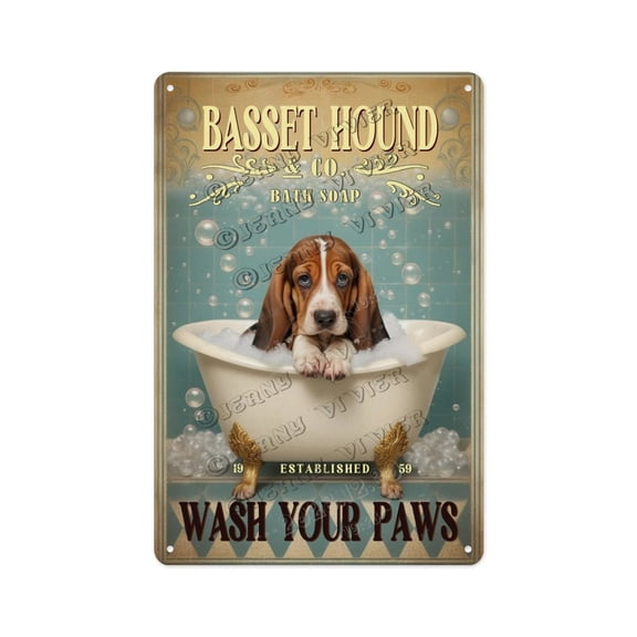 Basset Hound Wash Your Paws Fun Dog-Themed Bathroom Sign, 8x12 Metal Wall Decor for Pet Lovers