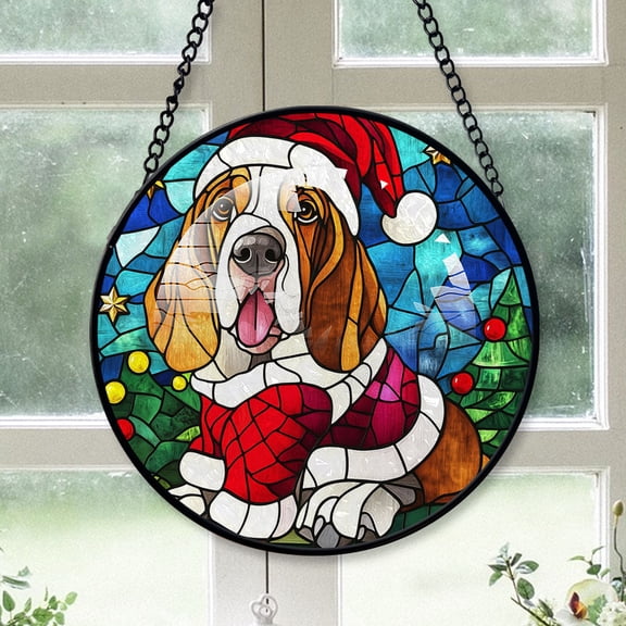 Basset Hound Xmas Dog Ornament Christmas 2025 - Basset Hound Dog Christmas Stained Glass SunCatcher for Window, Dog Gifts for Xmas