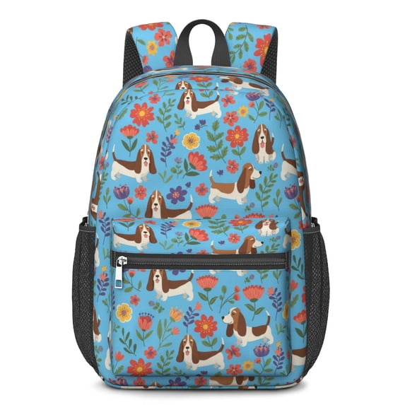 Basset Hound and Floral Blue Pattern 17" School Backpacks for Teens,Waterproof Oxford Fabric,S-Shape Padded Straps for School,Travel,Hiking,Camping
